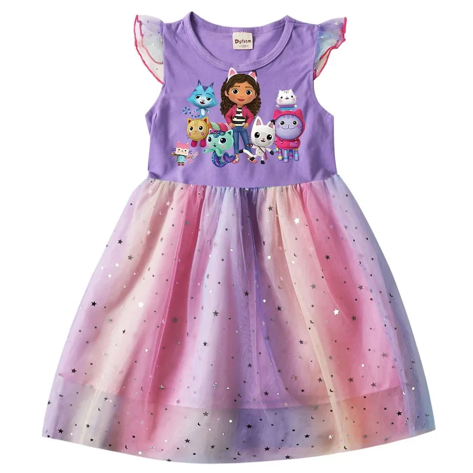 Baby Girls Dress Children Cartoon Mesh Star Sequins Princess Dress Kids Flying Sleeve Skirt +Headwear For Daily Birthday Gift