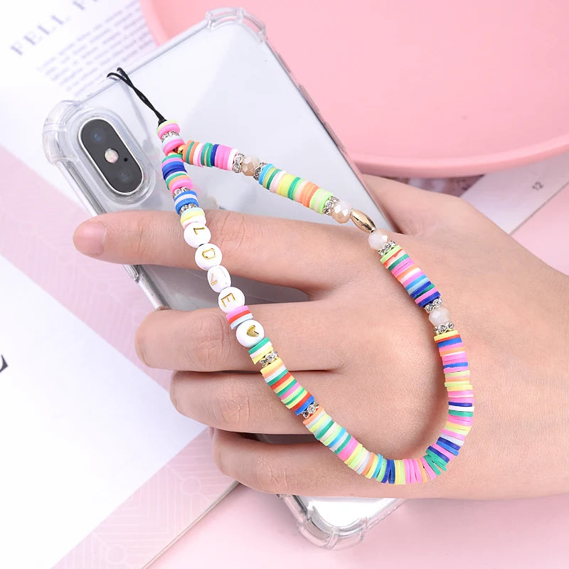 Wholesale Classic Phone Lanyard Charm Acrylic Clay Beaded Phone Chain LOVE Letter Jewelry For Women Anti-Lost Lanyard Jewellery