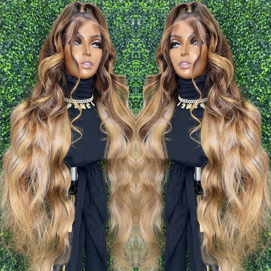 250% Body Wave Glueless Wig Highlight Ombre 7x5 Lace Frontal Wig Brazilian 4/27 Color Ready To Go 13x4 Human Hair Wigs For Women