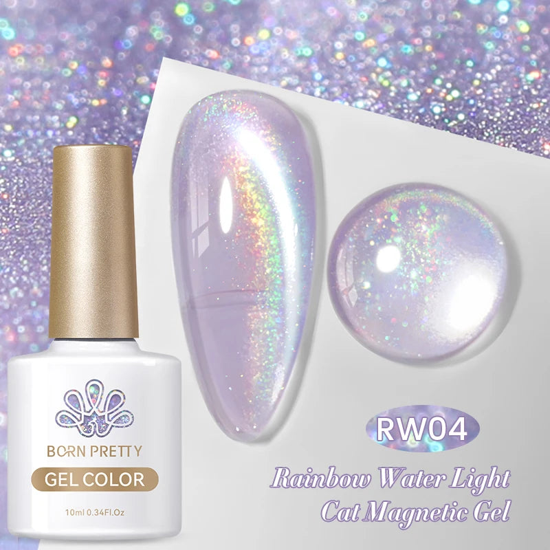 BORN PRETTY 10ml Rainbow Purple Water Light Cat Magnetic Gel Nail Polish Shining Super Sliver-light Holographics Soak Off UV Gel