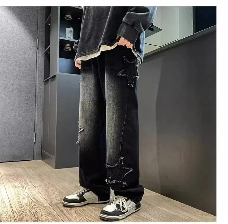 Stars Patchwork Men Jeans New Fashion Y2K Tassel Pants Korea Clothes Straight Hip Hop Splicing Trousers Male Streetwear