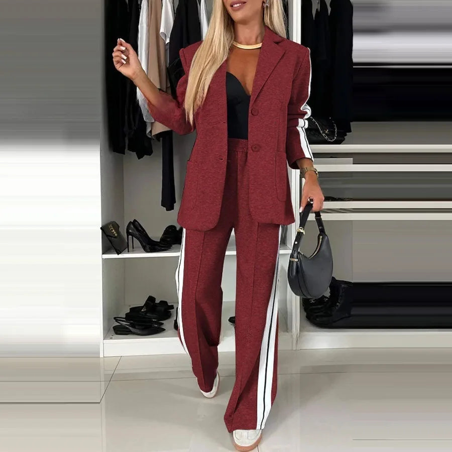 2-piece For Woman Loose Suit Blouse Coat Sides Vertical Stripes Wide Leg Long Pant Casual Luxury Elegant OL Clothes Ourfit Sets