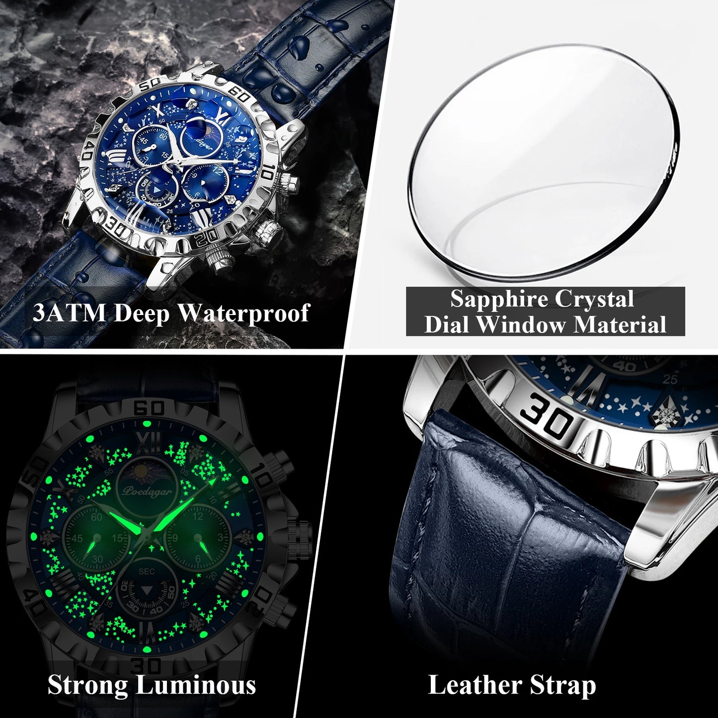 POEDAGAR Luxury Man Watch Waterproof Luminous Chronograph Watch For Men Military High Quality Leather Quartz Men's Watches Reloj