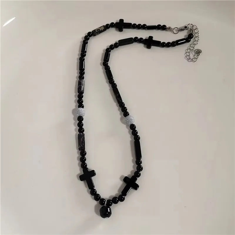 Punk Y2K Grunge Black Star Pendant Beaded Silver Color Chain Choker Necklace For Women Men Goth Charm EMO 2000s Jewely Accessory