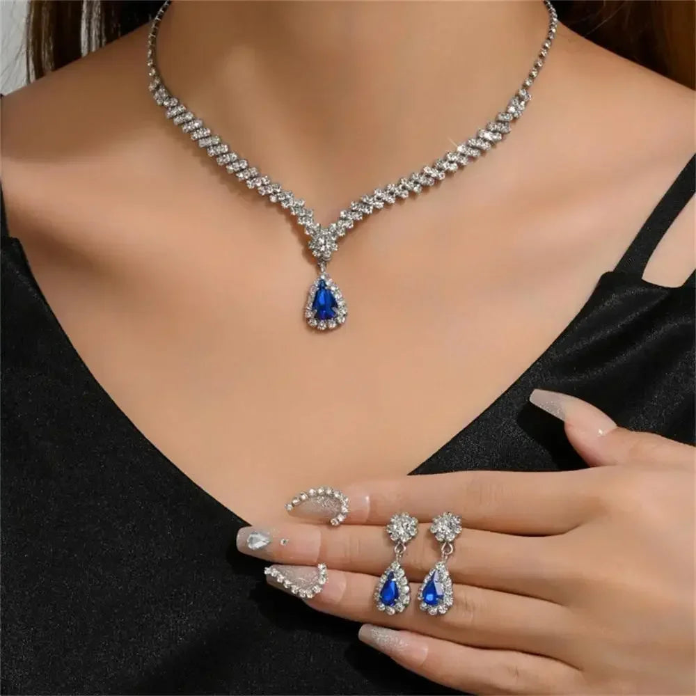 2pcs/set Jewelry Sets Women Elegant Waterdrop Rhinestone Pendant Necklace stud Earrings Wedding Dress Bridal Jewelry Set