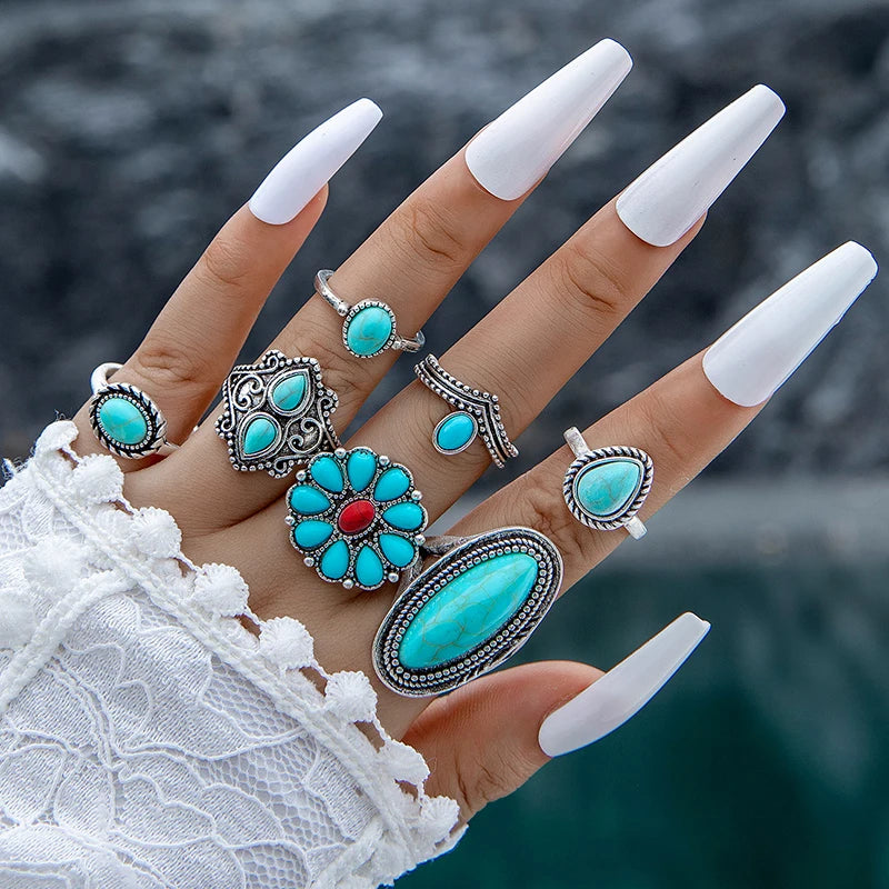 Tocona Vintage Green Stone Romantic Flower Finger Rings Set for Women Men Ethnic Style Snake Alloy Metal Party Jewelry Anillos