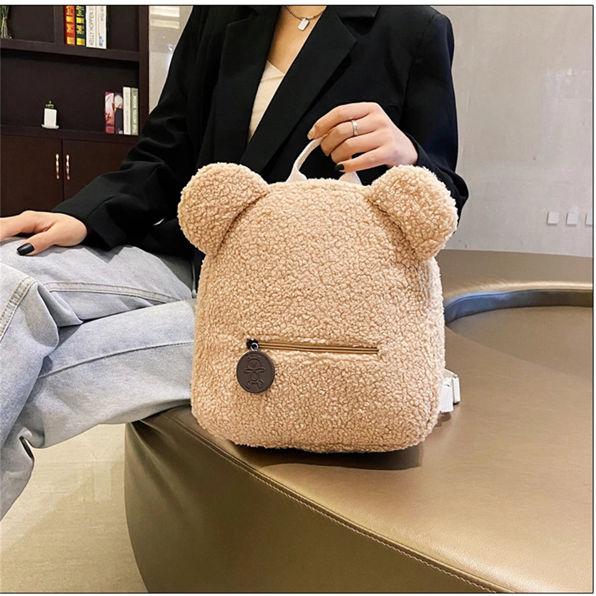 1Pcs Cute Bear Ear Fleece Small Backpack Kids Girls Casual Warm Lambswool Daypack Bag Schoolbag Rucksack for Travel Shopping-LJX