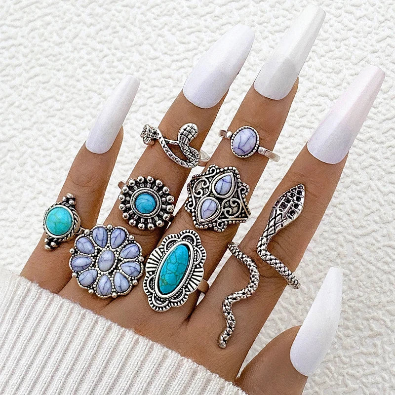 Tocona Vintage Green Stone Romantic Flower Finger Rings Set for Women Men Ethnic Style Snake Alloy Metal Party Jewelry Anillos