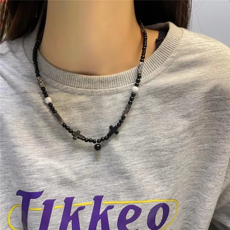 Punk Y2K Grunge Black Star Pendant Beaded Silver Color Chain Choker Necklace For Women Men Goth Charm EMO 2000s Jewely Accessory