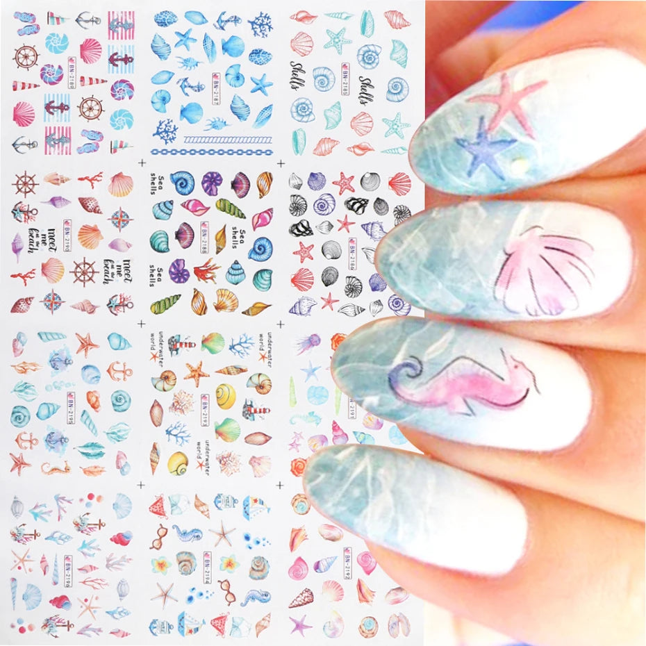 12 Designs Nail Art Sea Shell Water Stickers Colorful Conch Starfish Sliders Summer Ocean Theme Decals Nail Art Decorations