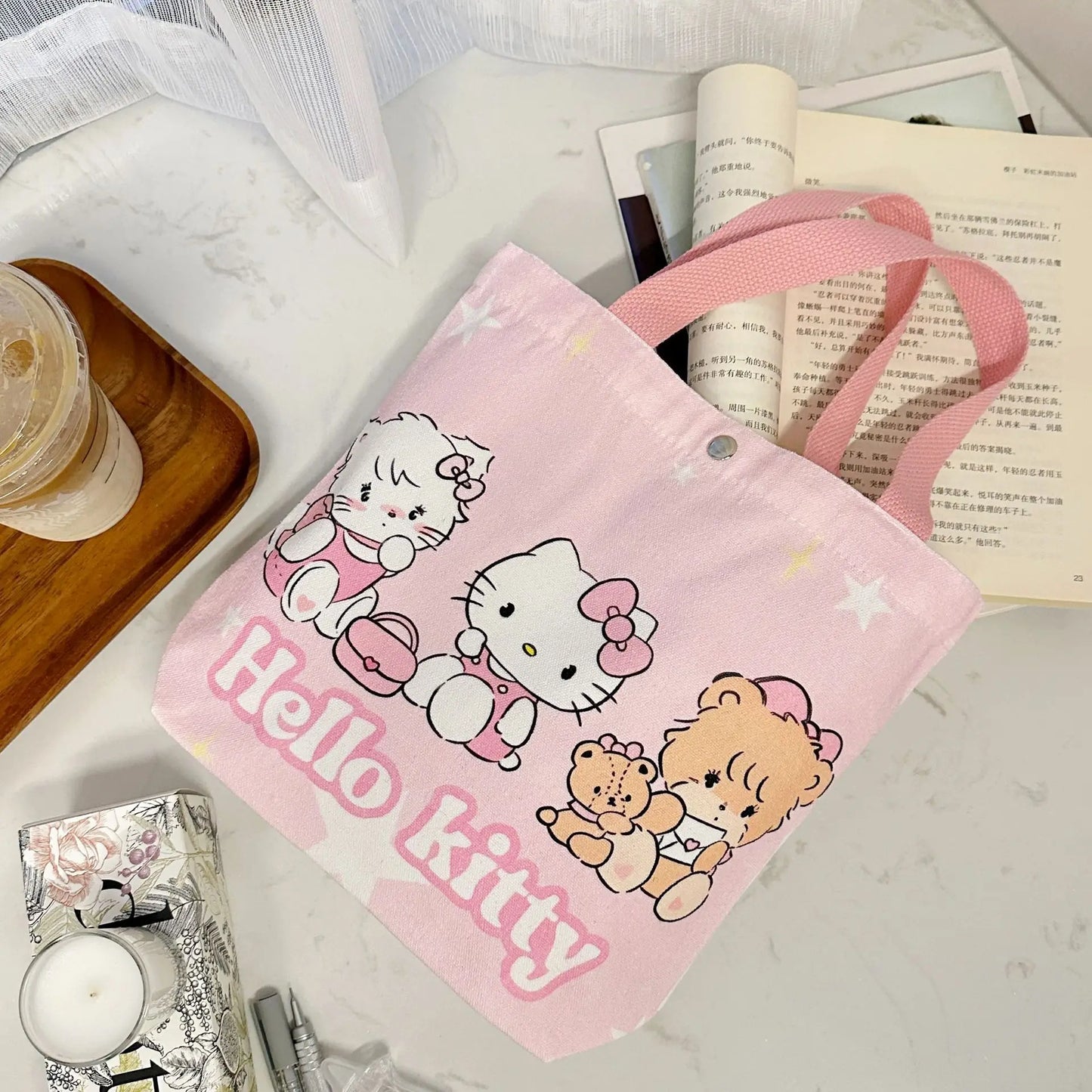 Hello Kitty Canvas Bag Cartoon Kate Cat Portable Shoulder Bag Japanese Light and Large Capacity Shopping Bag Travel Bag Gift Toy