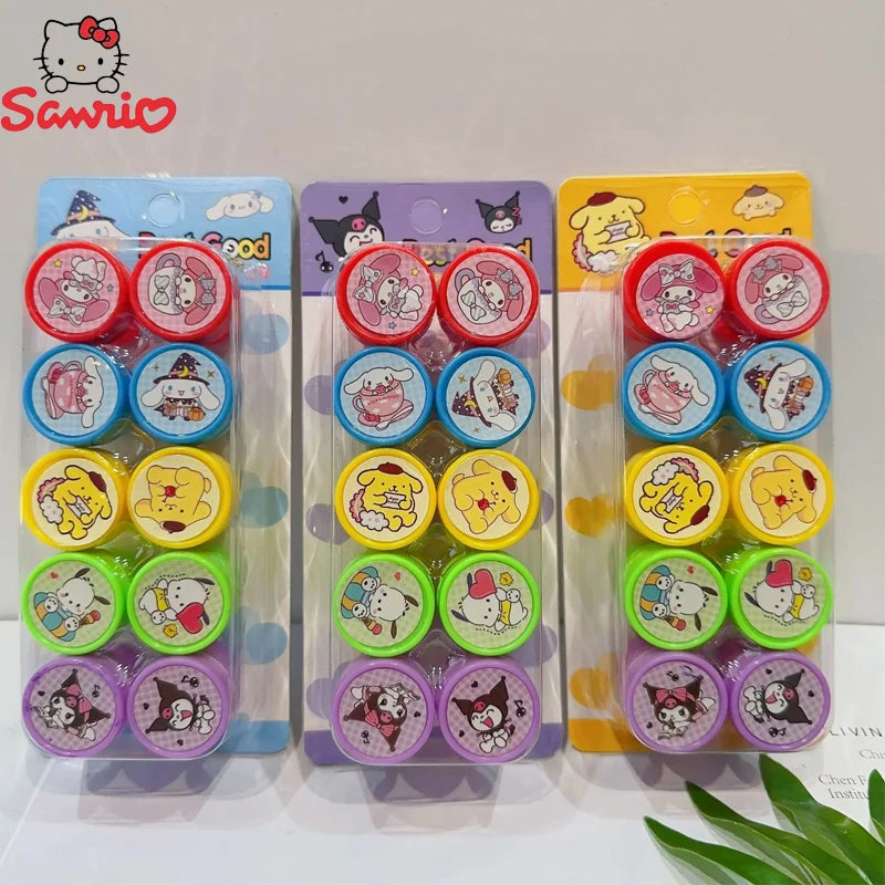 Anime 10Pcs/Set Sanrio Self-ink Stamps Hello Kitty Kuromi Melody Cinnamoroll Face Seal Diy Painting Photo Album Stamp Kids Toys