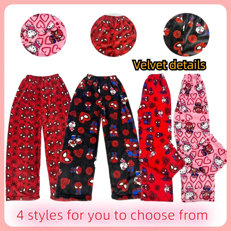 Hello Kitty Spider-man Cotton Velvet Loose Pajamas Pajamas Long Pants Women's And Men's Cartoon Sleeping Casual Wear