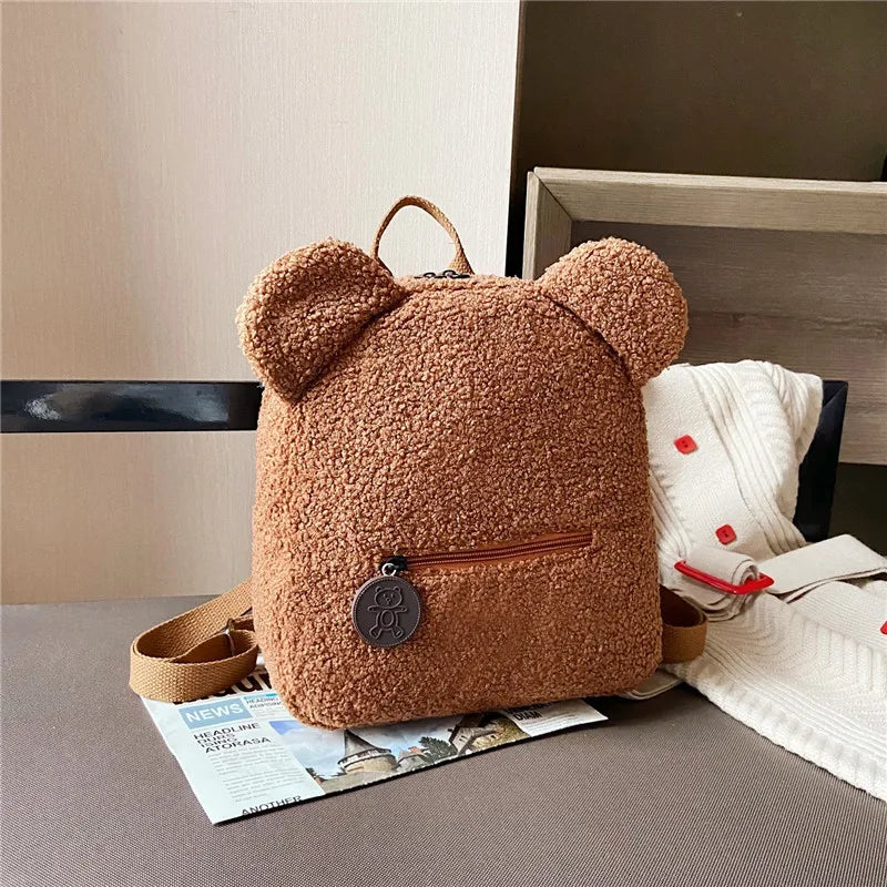 1Pcs Cute Bear Ear Fleece Small Backpack Kids Girls Casual Warm Lambswool Daypack Bag Schoolbag Rucksack for Travel Shopping