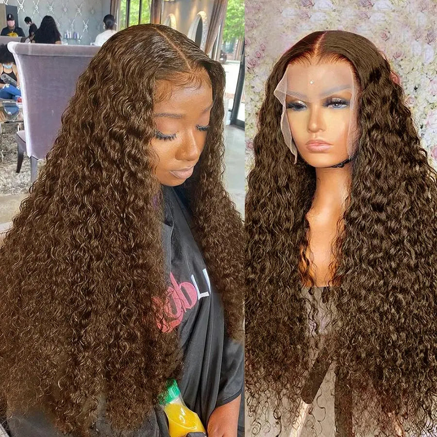 Chocolate Brown Deep Wave Frontal Wig 13x4 HD Transparent Curly Lace Front Human Hair Wigs Bleached Brazilian Brown Colored Wigs