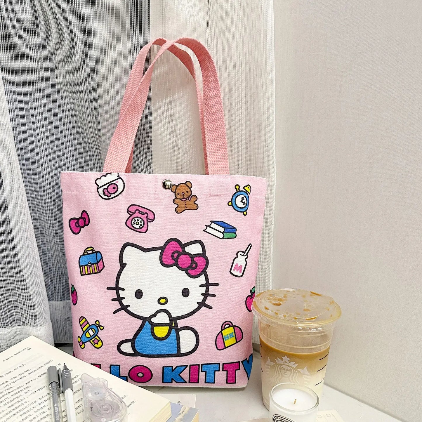 Hello Kitty Canvas Bag Cartoon Kate Cat Portable Shoulder Bag Japanese Light and Large Capacity Shopping Bag Travel Bag Gift Toy