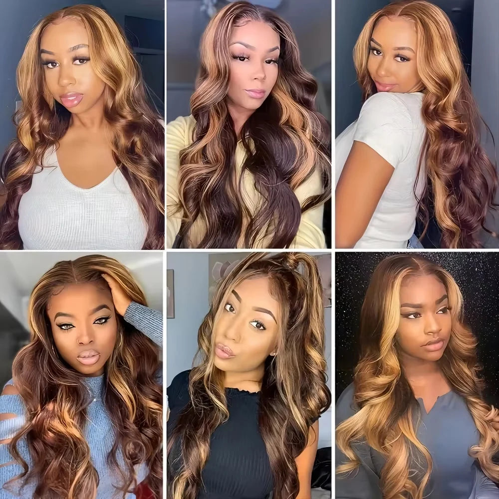 250% Body Wave Glueless Wig Highlight Ombre 7x5 Lace Frontal Wig Brazilian 4/27 Color Ready To Go 13x4 Human Hair Wigs For Women