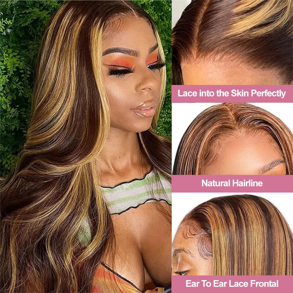 250% Body Wave Glueless Wig Highlight Ombre 7x5 Lace Frontal Wig Brazilian 4/27 Color Ready To Go 13x4 Human Hair Wigs For Women