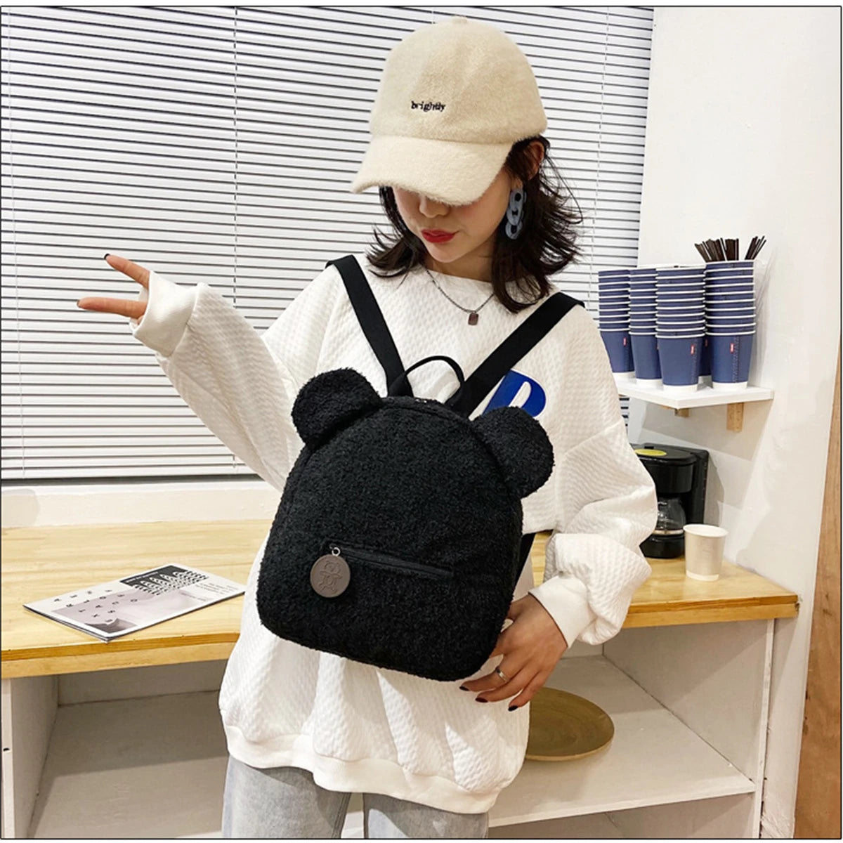 1Pcs Cute Bear Ear Fleece Small Backpack Kids Girls Casual Warm Lambswool Daypack Bag Schoolbag Rucksack for Travel Shopping-LJX