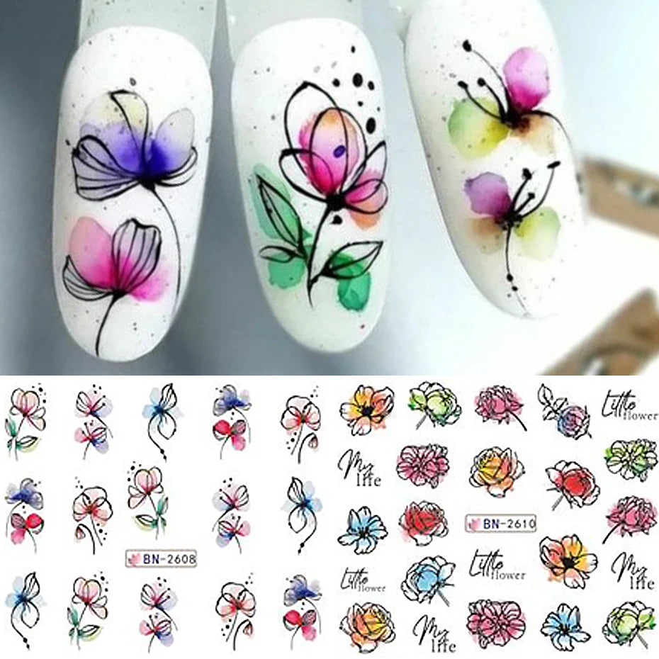 12 PCs Nail Sticker Set Spring Summer Water Decal Nail Art Ink Flowers Leaves Graffiti Slider for Nail Decoration Foils Tattoo