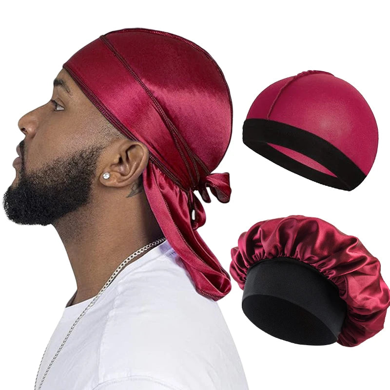 3PCS/LOT Men Silky Durag Long Tail Pirate Hat Headband Turban Dome Wave Cap Unisex Wig Cap Elastic Band Satin Bonnet