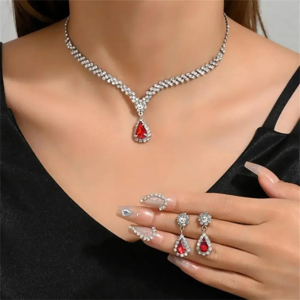 2pcs/set Jewelry Sets Women Elegant Waterdrop Rhinestone Pendant Necklace stud Earrings Wedding Dress Bridal Jewelry Set