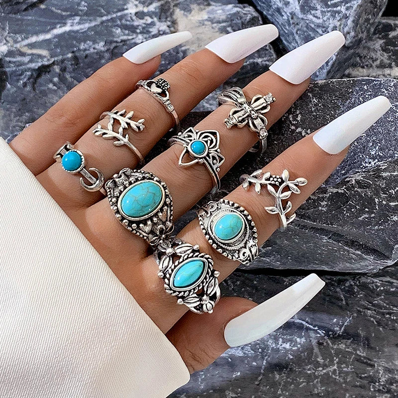 Tocona Vintage Green Stone Romantic Flower Finger Rings Set for Women Men Ethnic Style Snake Alloy Metal Party Jewelry Anillos