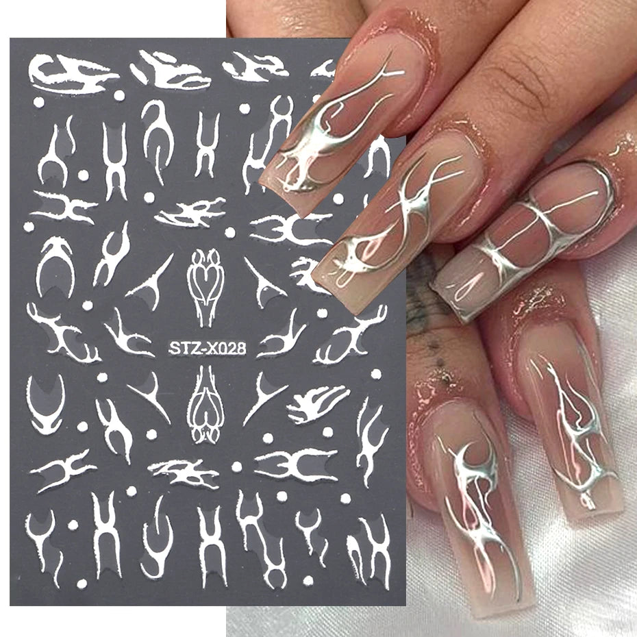 3D Metal Silver Flame Nail Stickers Bronzing Chrome Stripe Line Sliders Design Manicure French Nail Art Decoration Y2K Decals