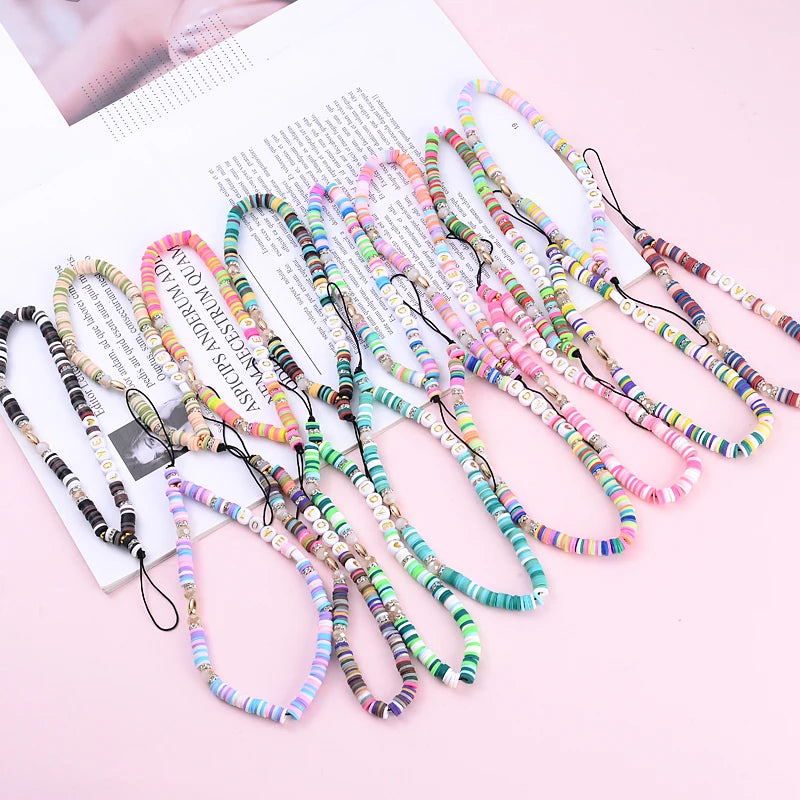 Wholesale Classic Phone Lanyard Charm Acrylic Clay Beaded Phone Chain LOVE Letter Jewelry For Women Anti-Lost Lanyard Jewellery