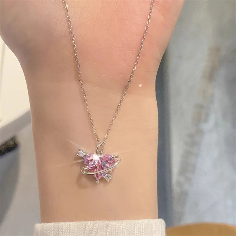 Y2K Pink Planet Heart Zircon Pendant Necklaces Women Fashion Aesthetic Clavicle Chain Necklace Valentines Day Gift Party Jewelry