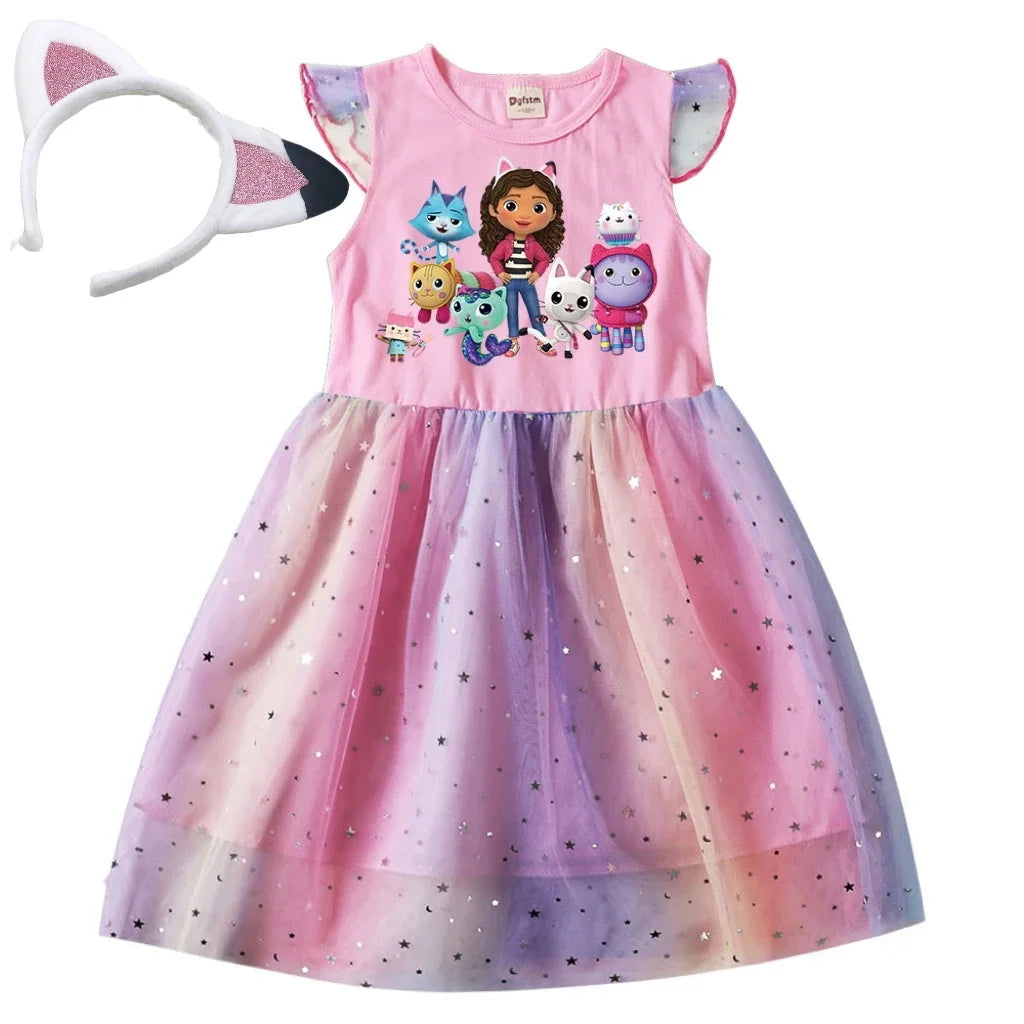 Baby Girls Dress Children Cartoon Mesh Star Sequins Princess Dress Kids Flying Sleeve Skirt +Headwear For Daily Birthday Gift