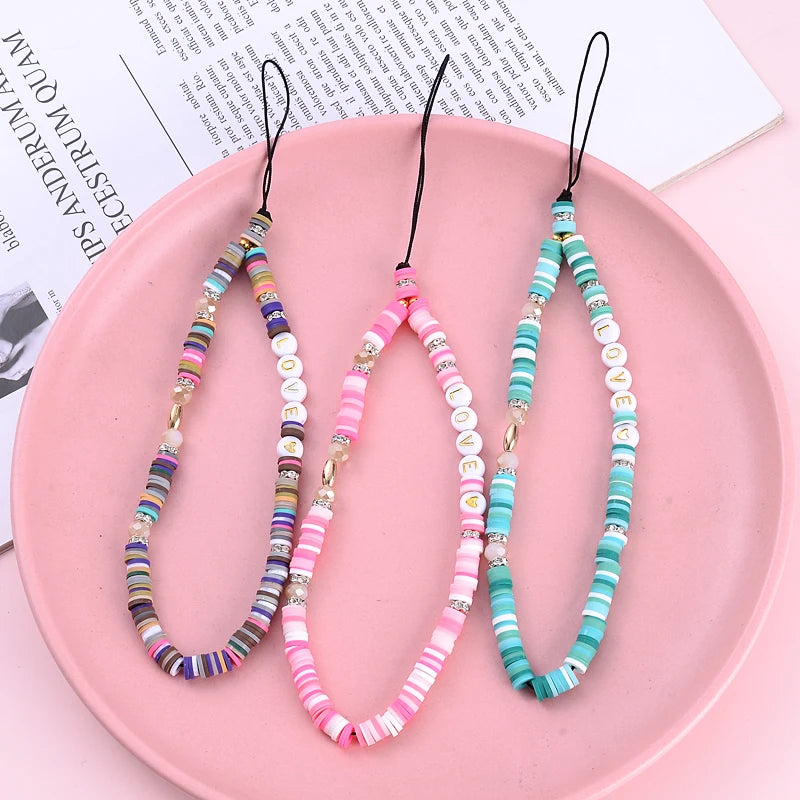 Wholesale Classic Phone Lanyard Charm Acrylic Clay Beaded Phone Chain LOVE Letter Jewelry For Women Anti-Lost Lanyard Jewellery