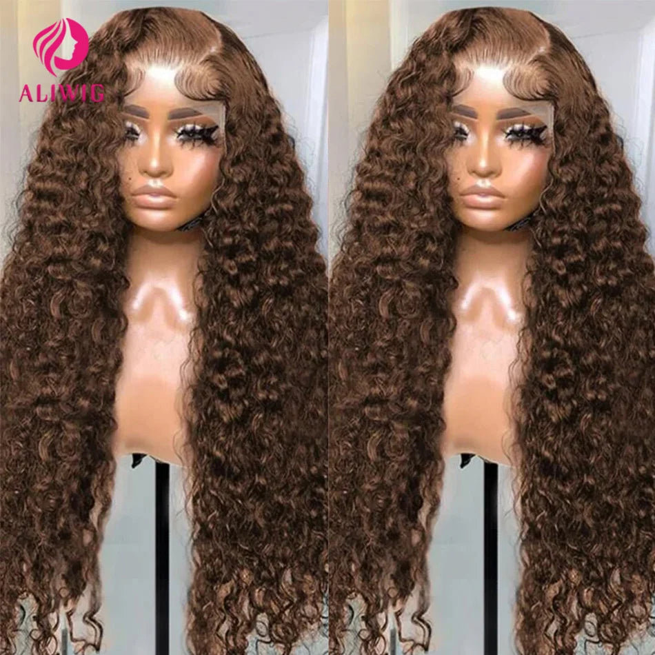 Chocolate Brown Deep Wave Frontal Wig 13x4 HD Transparent Curly Lace Front Human Hair Wigs Bleached Brazilian Brown Colored Wigs