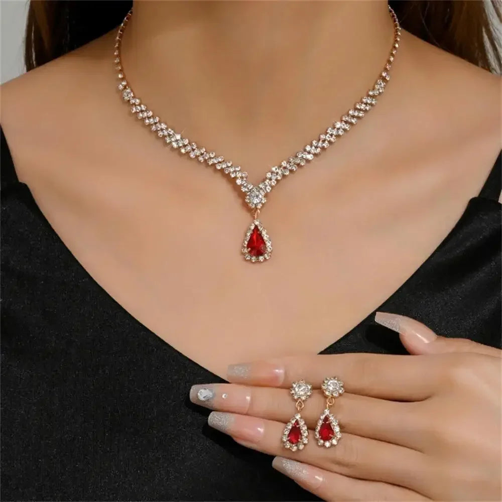 2pcs/set Jewelry Sets Women Elegant Waterdrop Rhinestone Pendant Necklace stud Earrings Wedding Dress Bridal Jewelry Set