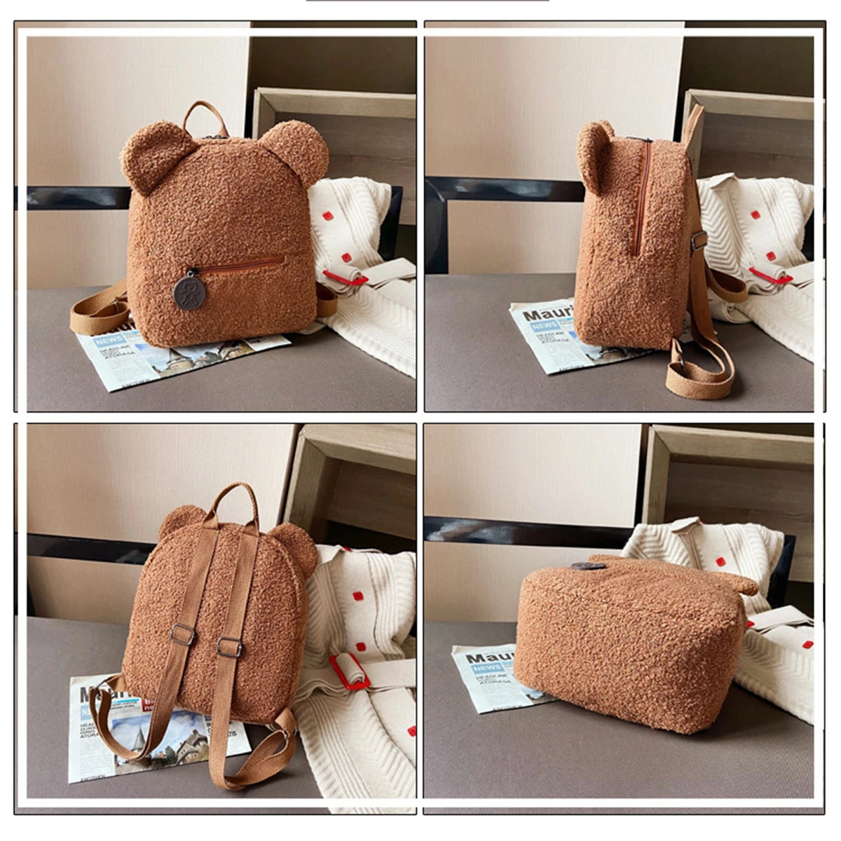 1Pcs Cute Bear Ear Fleece Small Backpack Kids Girls Casual Warm Lambswool Daypack Bag Schoolbag Rucksack for Travel Shopping-LJX