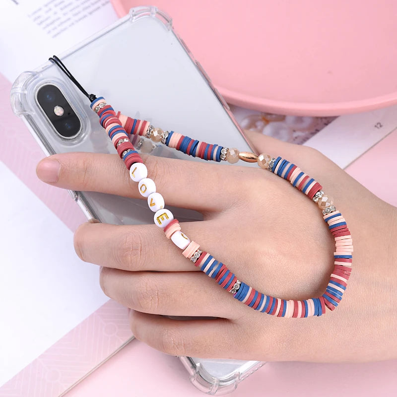 Wholesale Classic Phone Lanyard Charm Acrylic Clay Beaded Phone Chain LOVE Letter Jewelry For Women Anti-Lost Lanyard Jewellery