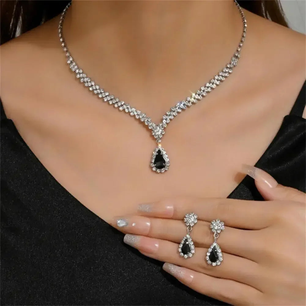 2pcs/set Jewelry Sets Women Elegant Waterdrop Rhinestone Pendant Necklace stud Earrings Wedding Dress Bridal Jewelry Set