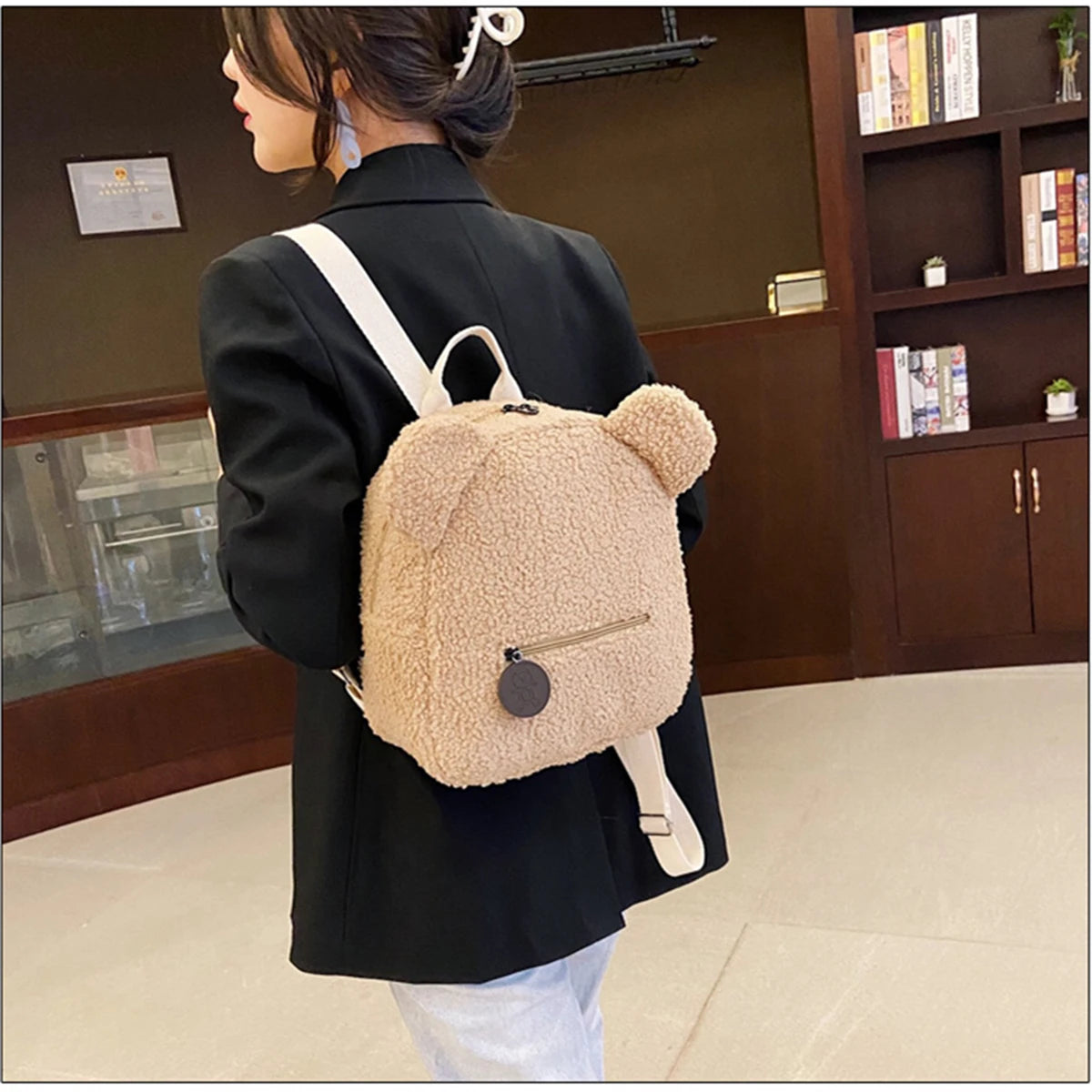 1Pcs Cute Bear Ear Fleece Small Backpack Kids Girls Casual Warm Lambswool Daypack Bag Schoolbag Rucksack for Travel Shopping-LJX