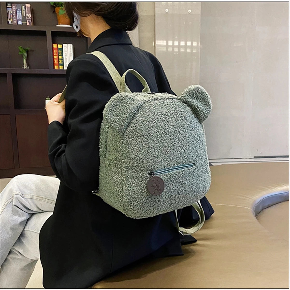 1Pcs Cute Bear Ear Fleece Small Backpack Kids Girls Casual Warm Lambswool Daypack Bag Schoolbag Rucksack for Travel Shopping-LJX