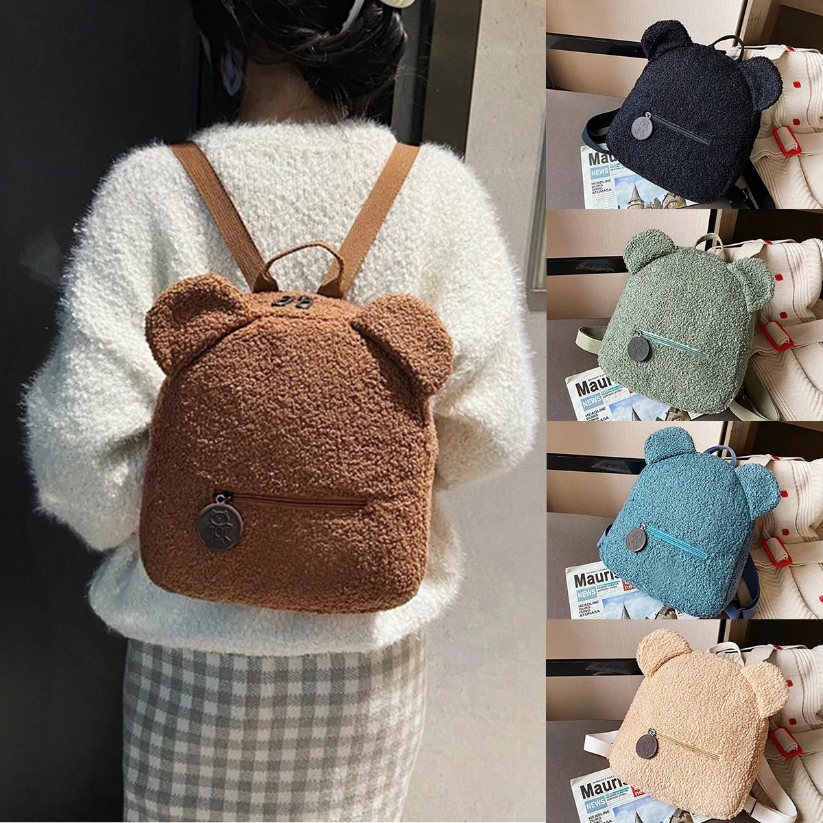 1Pcs Cute Bear Ear Fleece Small Backpack Kids Girls Casual Warm Lambswool Daypack Bag Schoolbag Rucksack for Travel Shopping-LJX