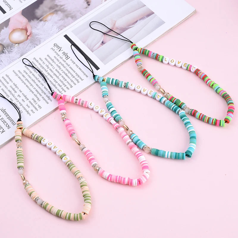 Wholesale Classic Phone Lanyard Charm Acrylic Clay Beaded Phone Chain LOVE Letter Jewelry For Women Anti-Lost Lanyard Jewellery