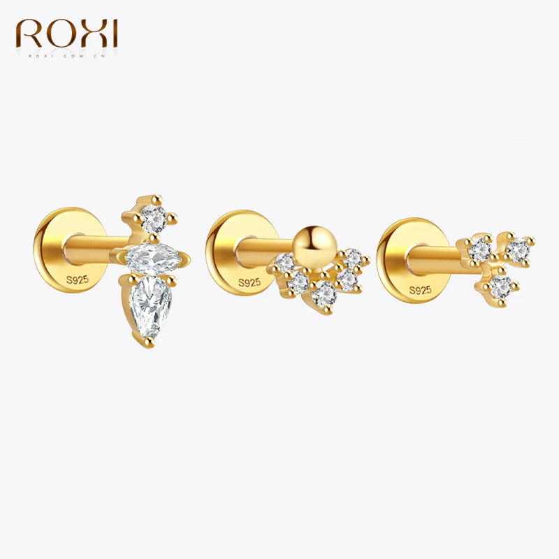 ROXI 925 Sterling Silver 18K gold plate 1PC Simple Design Geometric Zircon Piercing Earrings For Women Daily Party Jewelry Gift