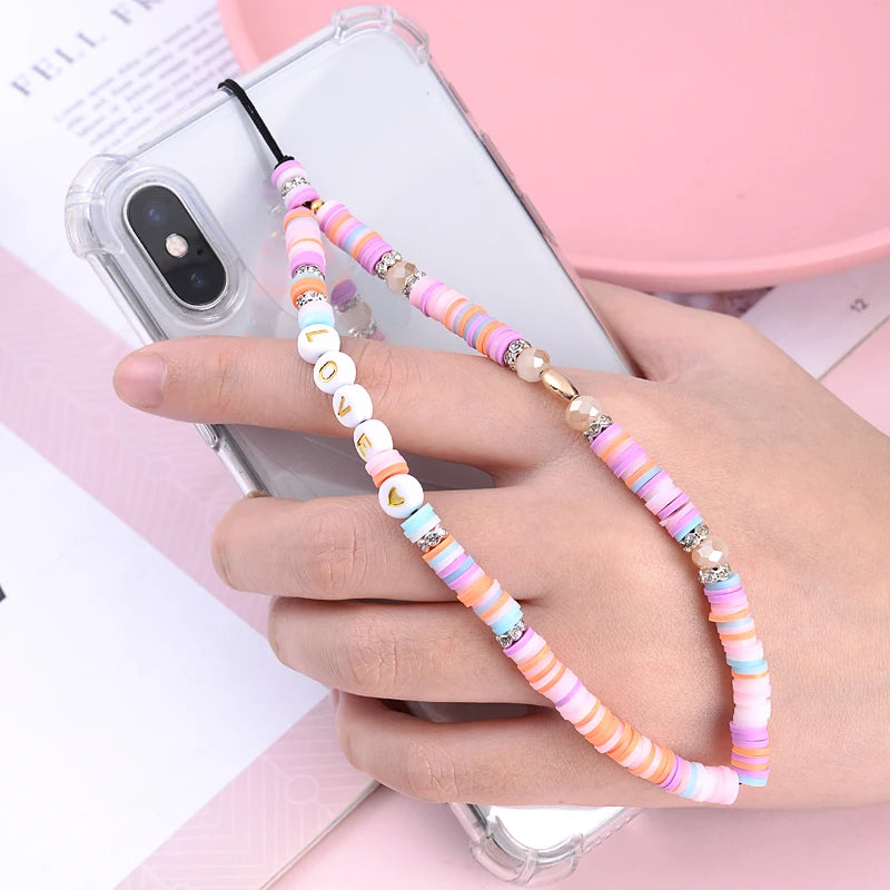 Wholesale Classic Phone Lanyard Charm Acrylic Clay Beaded Phone Chain LOVE Letter Jewelry For Women Anti-Lost Lanyard Jewellery