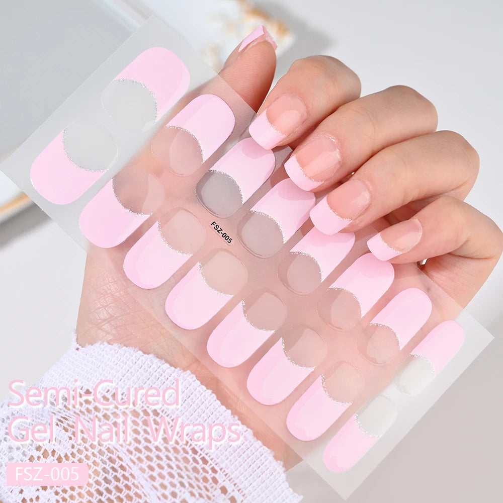 French UV Semi-Cured Gel Nail Wraps Sticker 16Strips Long Lasting Full Cover LED Lamp Gel Cured Slider Decals For Nail Extension