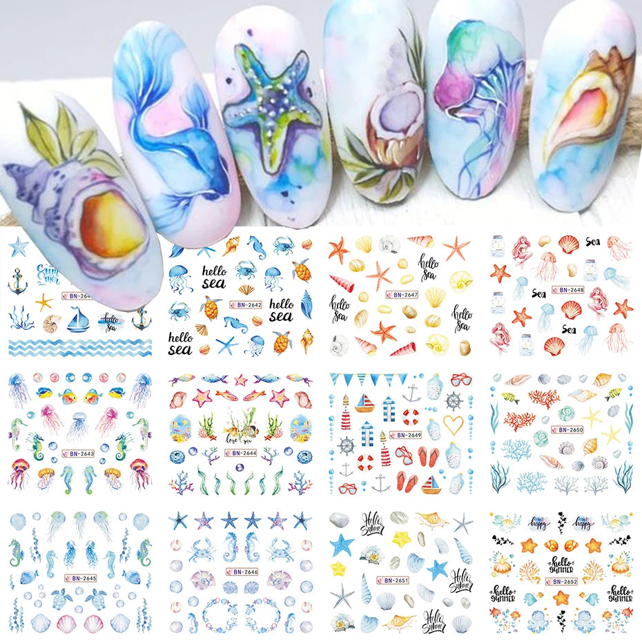 12 Designs Nail Art Sea Shell Water Stickers Colorful Conch Starfish Sliders Summer Ocean Theme Decals Nail Art Decorations