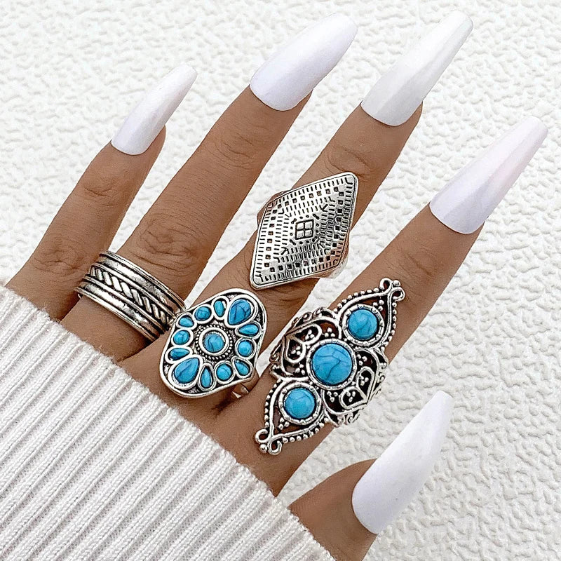 Tocona Vintage Green Stone Romantic Flower Finger Rings Set for Women Men Ethnic Style Snake Alloy Metal Party Jewelry Anillos