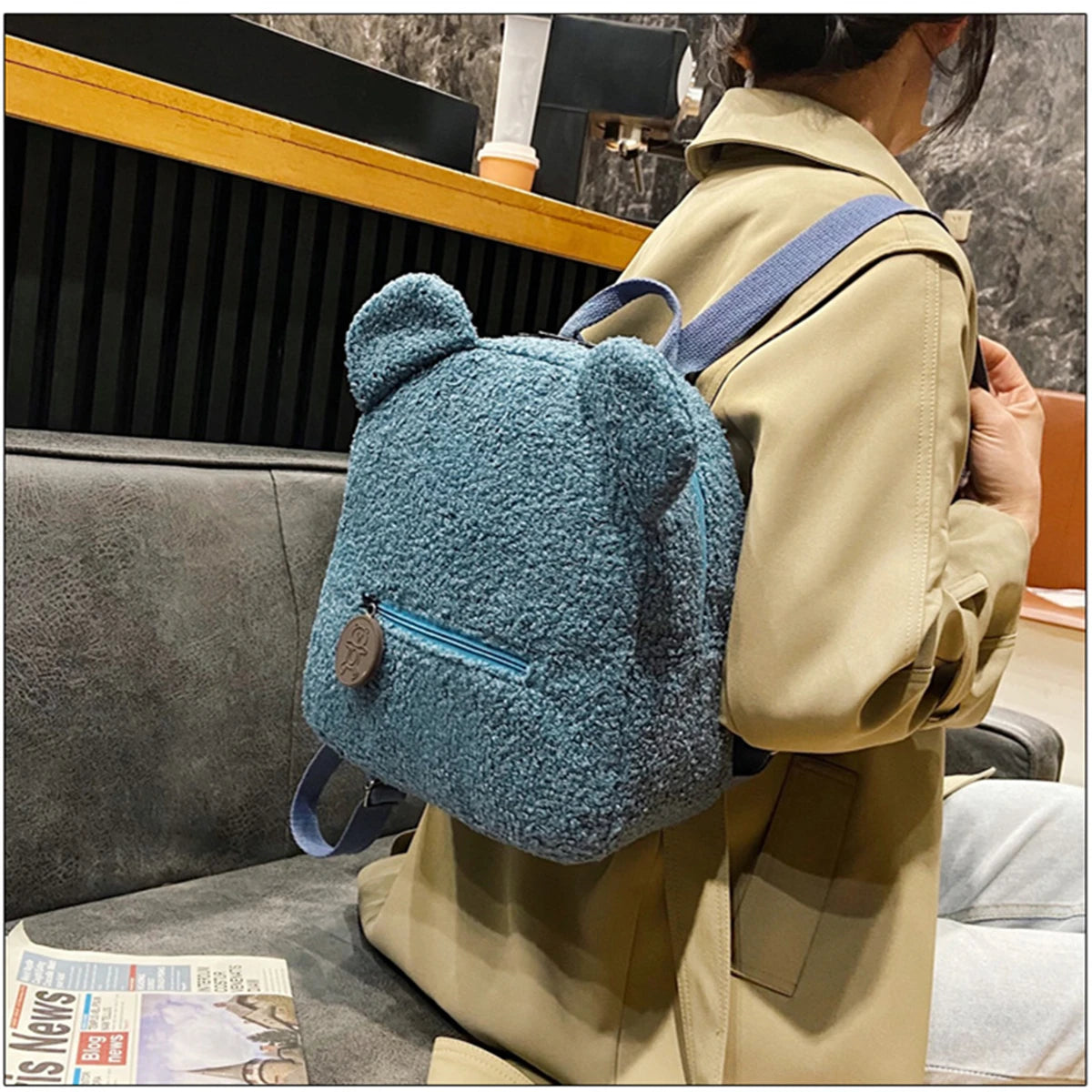 1Pcs Cute Bear Ear Fleece Small Backpack Kids Girls Casual Warm Lambswool Daypack Bag Schoolbag Rucksack for Travel Shopping-LJX