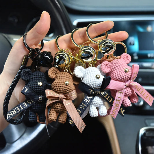 Cute Resin Woolen Little Bear Bow Rabbit Keychain Holiday Car Key Ring For Girls Creative Gift Weaving Fashion Doll Bag Pendant