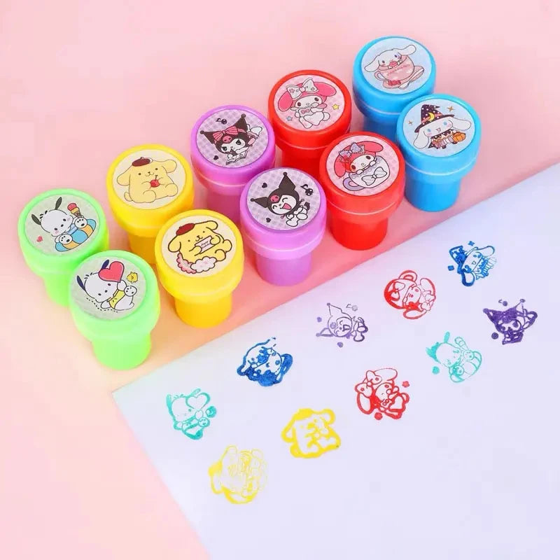 Anime 10Pcs/Set Sanrio Self-ink Stamps Hello Kitty Kuromi Melody Cinnamoroll Face Seal Diy Painting Photo Album Stamp Kids Toys