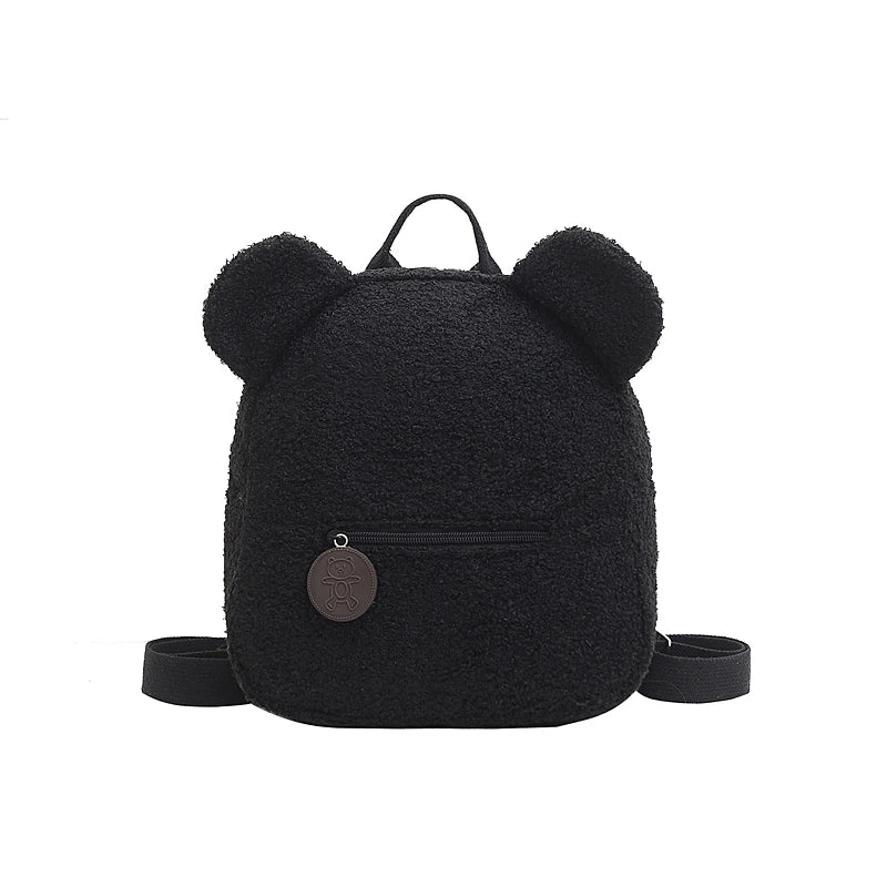 1Pcs Cute Bear Ear Fleece Small Backpack Kids Girls Casual Warm Lambswool Daypack Bag Schoolbag Rucksack for Travel Shopping